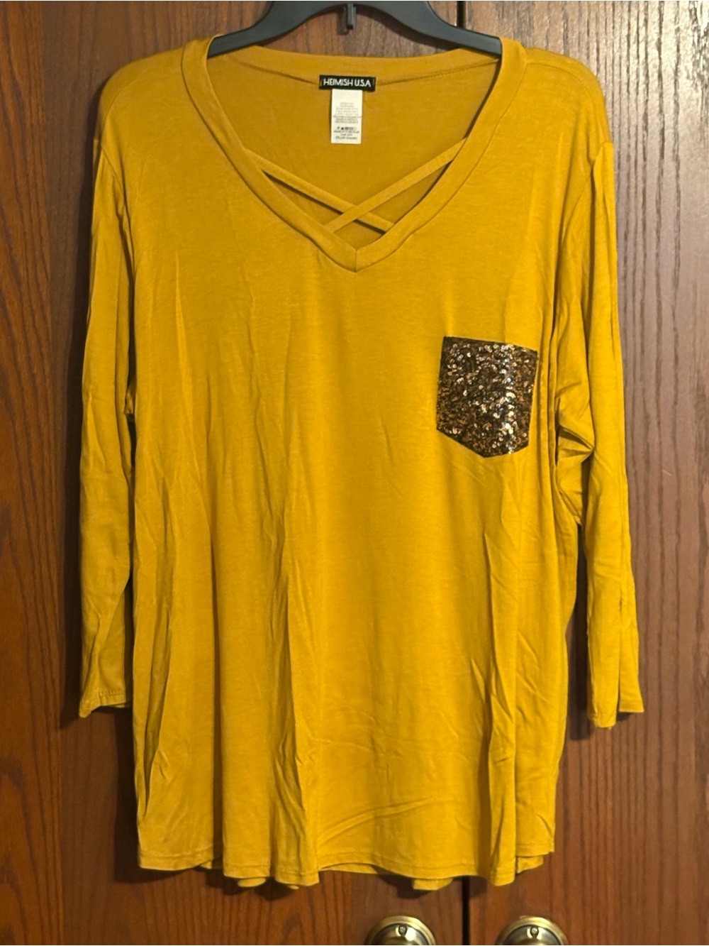 HEIMISH USA Mustard Crisscross V-Neck Long Sleeve Top with Sequin Pocket